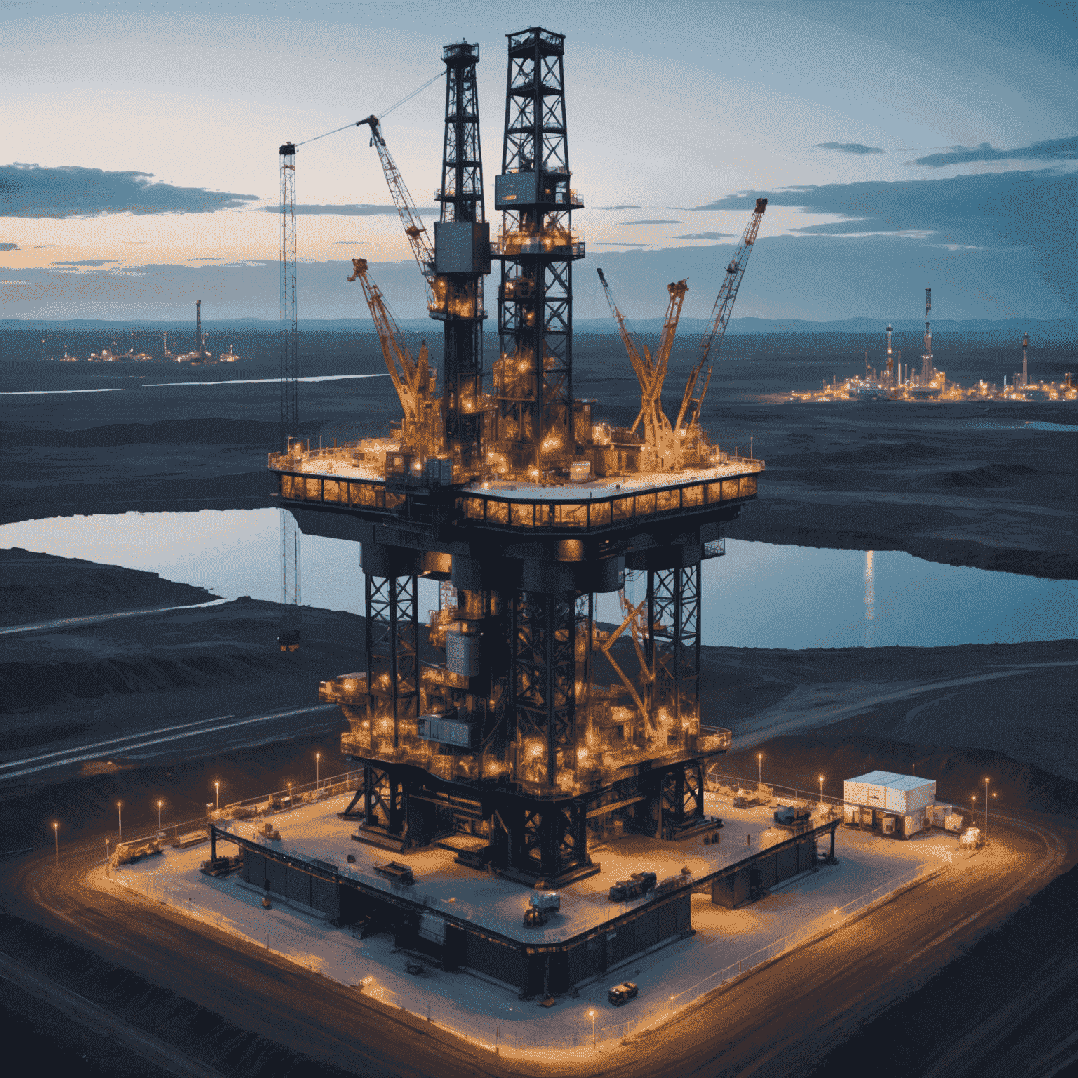 A futuristic oil rig with holographic displays showing AI-powered extraction processes. The image showcases advanced robotics and data visualization in a Canadian oil field.