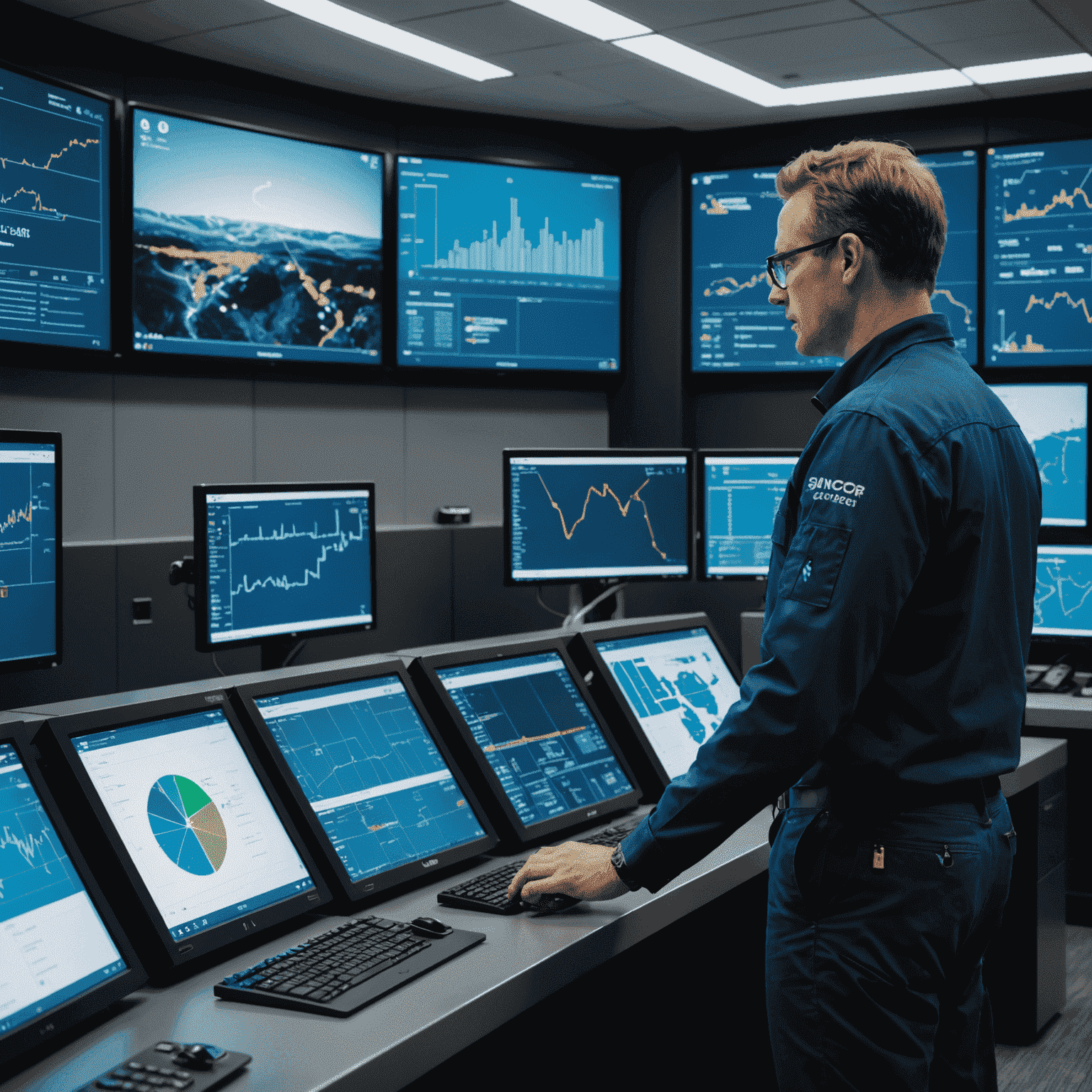 A futuristic control room at Suncor Energy's Canadian site, with large screens displaying AI-powered predictive maintenance data and equipment status. Engineers are seen interacting with holographic interfaces showing real-time analytics.