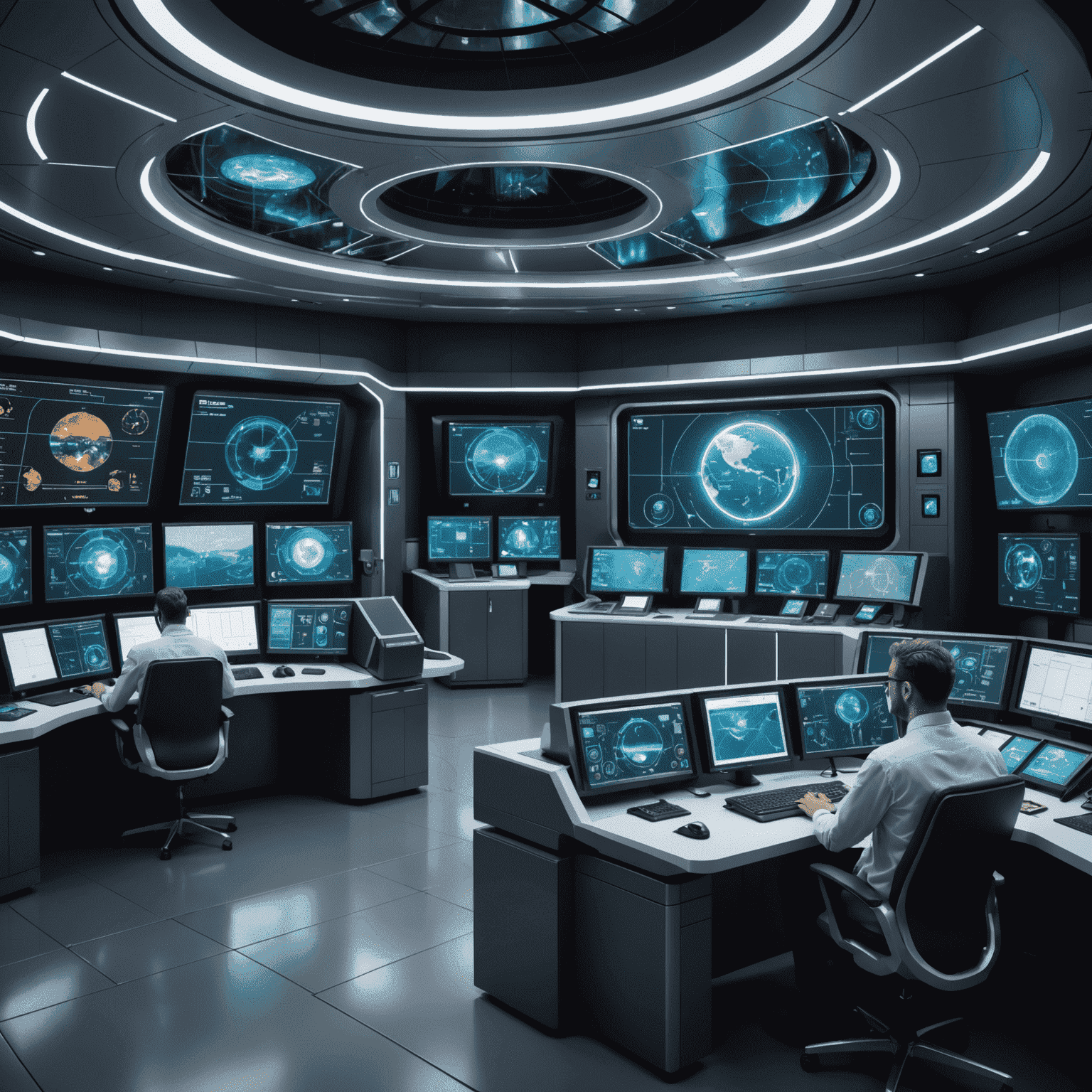 Conceptual image showing a futuristic control room with holographic displays of AI-optimized oil extraction processes, emphasizing the blend of human expertise and artificial intelligence