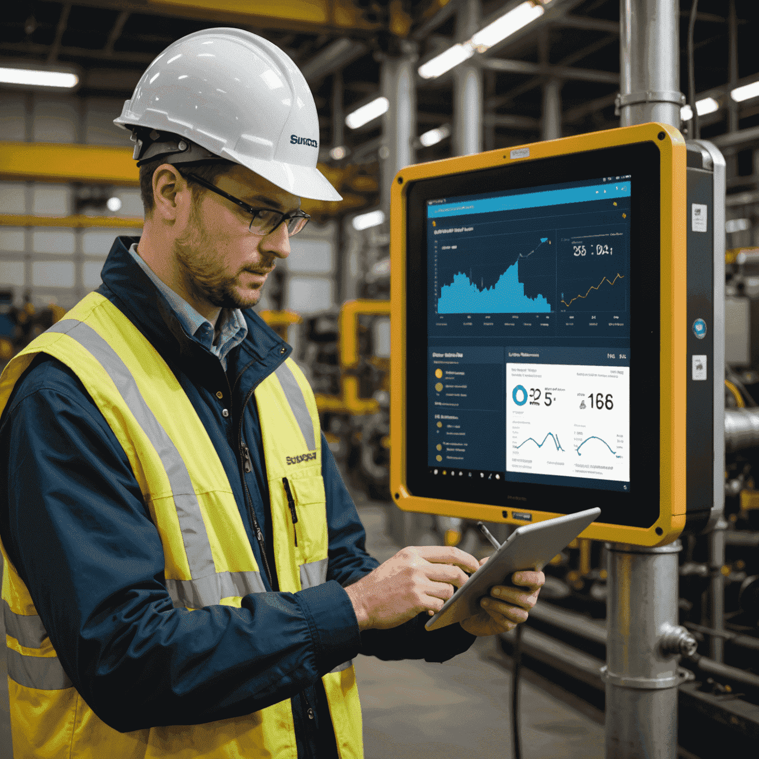 Suncor employee using a tablet to interact with AI-powered environmental monitoring dashboard, showcasing real-time data and predictive analytics