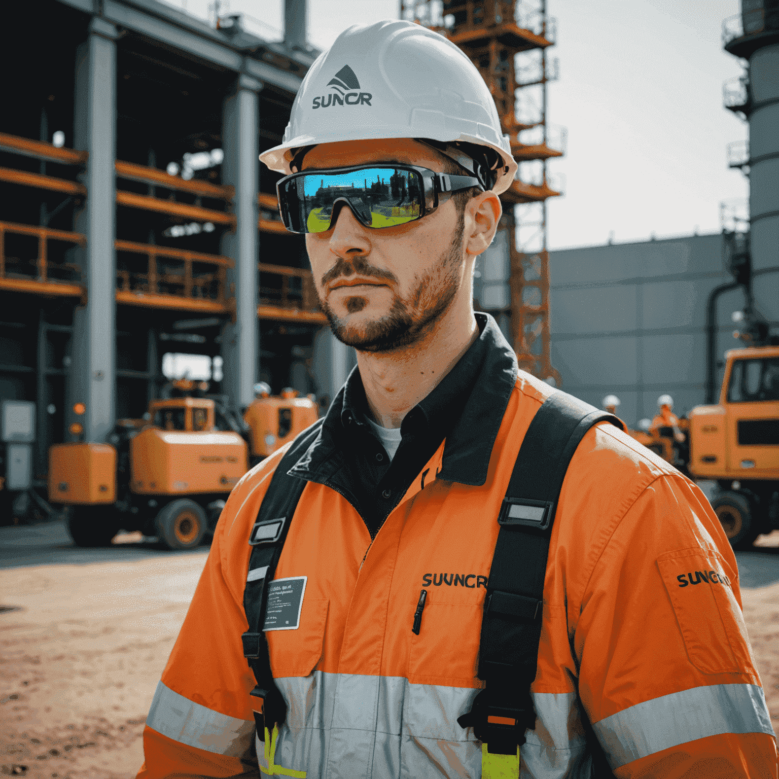 A Suncor facility worker wearing AR glasses and smart PPE. The image shows holographic safety alerts and AI-assisted risk assessment overlays in the worker's field of view.