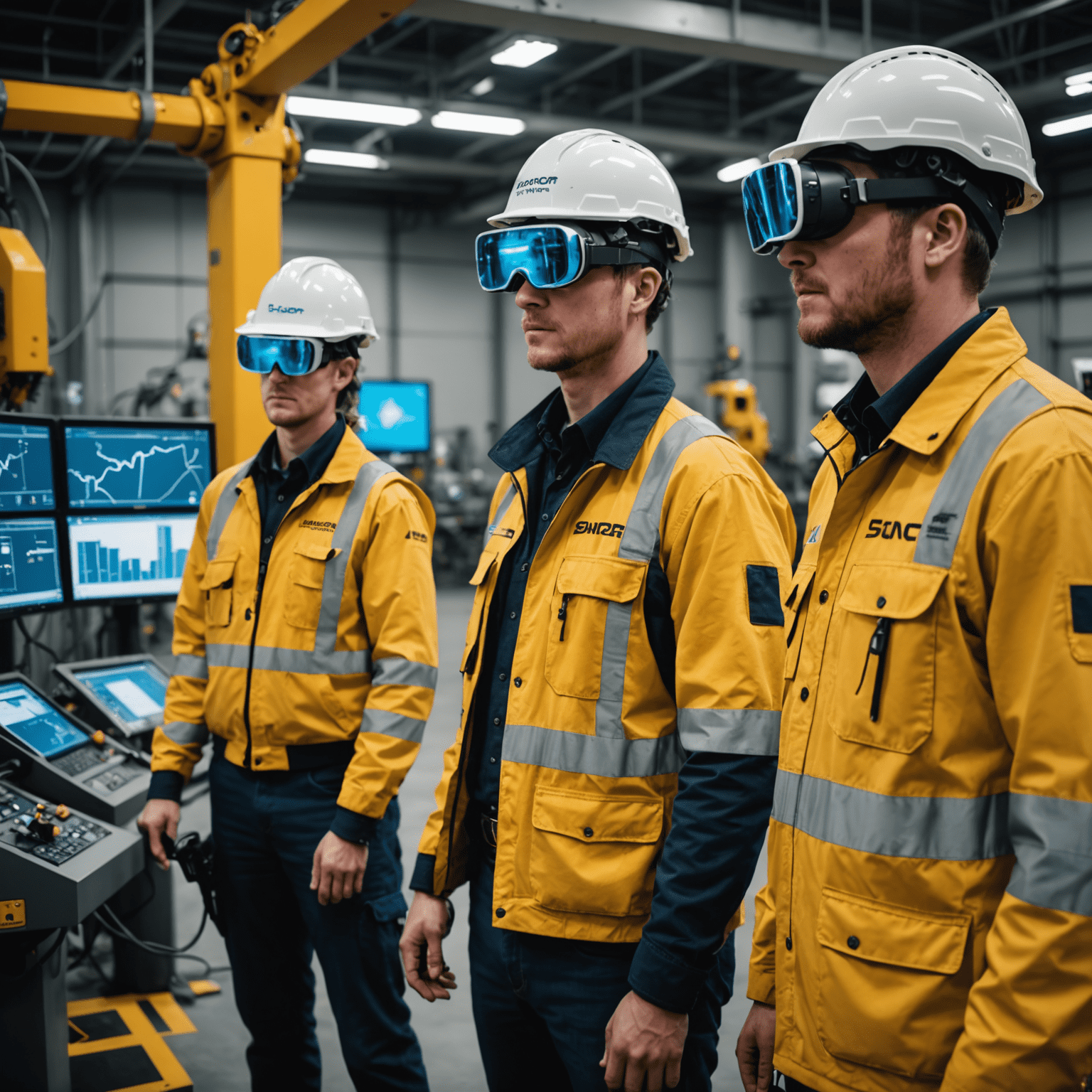 Futuristic representation of Suncor's upcoming AI safety innovations, featuring workers with wearable tech, VR training simulations, and holographic operational dashboards