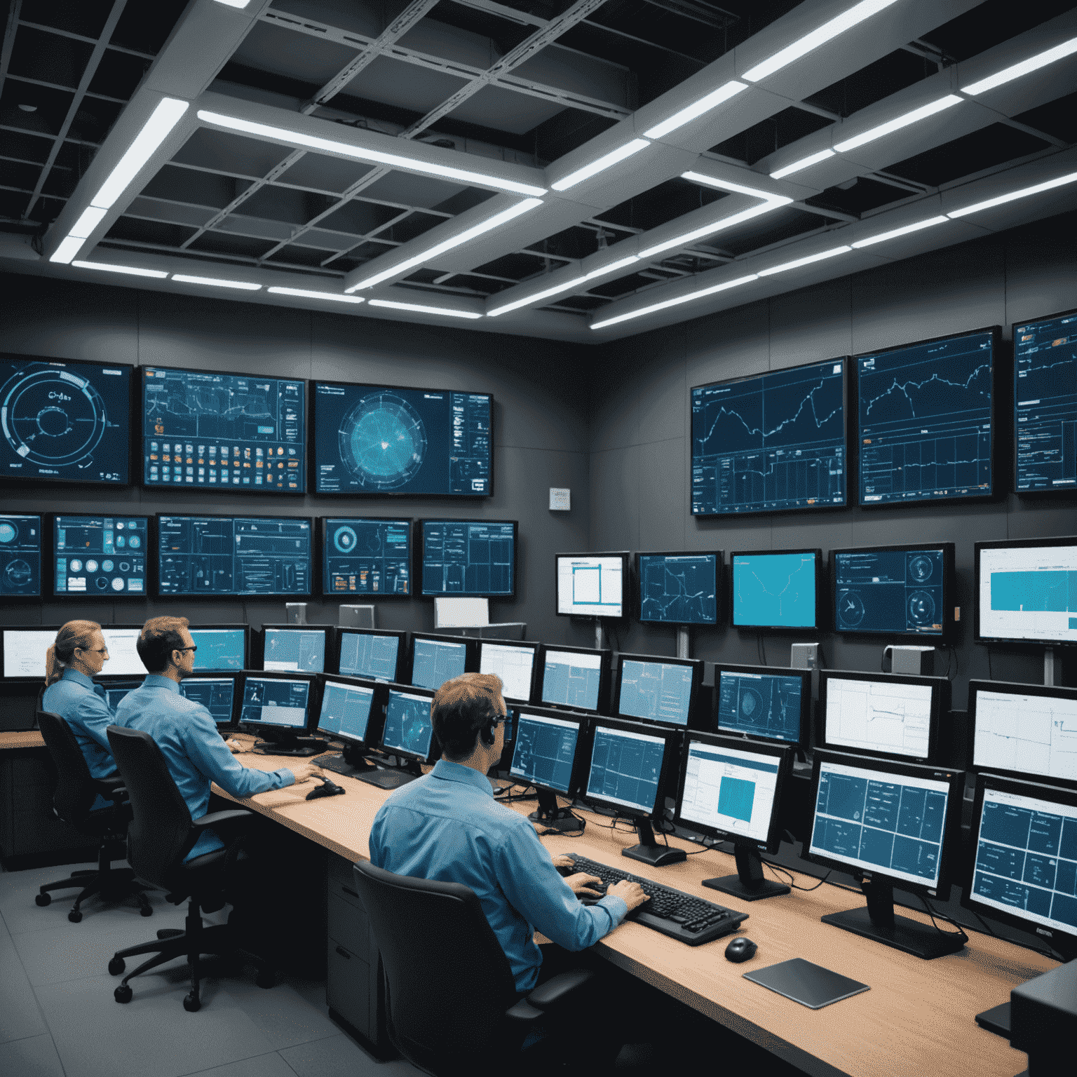 A futuristic control room in a Suncor facility with AI-powered dashboards showing real-time energy optimization. The image depicts smart grids and automated systems working in harmony.